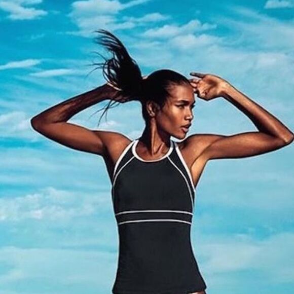 Land’s End shelf bra high neck one piece swimsuit black white piping trim 10 - Picture 2 of 6